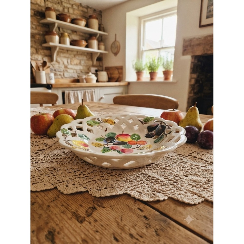 Vintage Hand Painted Italy Ceramic Fruit Bowl Lattice Reticulated White 11.5in